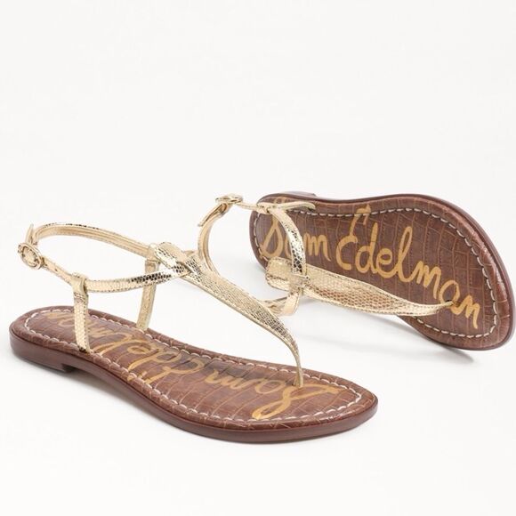 Sam Edelman GIGI Gold Metallic Reptile Embossed Leather T Strap Thong Sandals - Picture 1 of 16